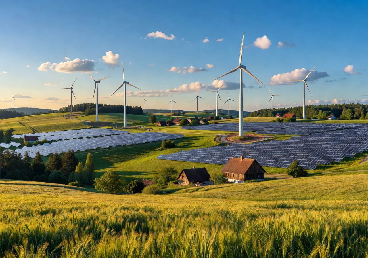 German wind turbines and solar farms across countryside landscape