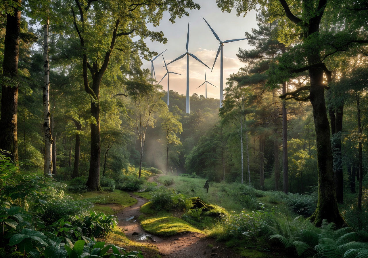 Lush sustainable forest with renewable energy windmills