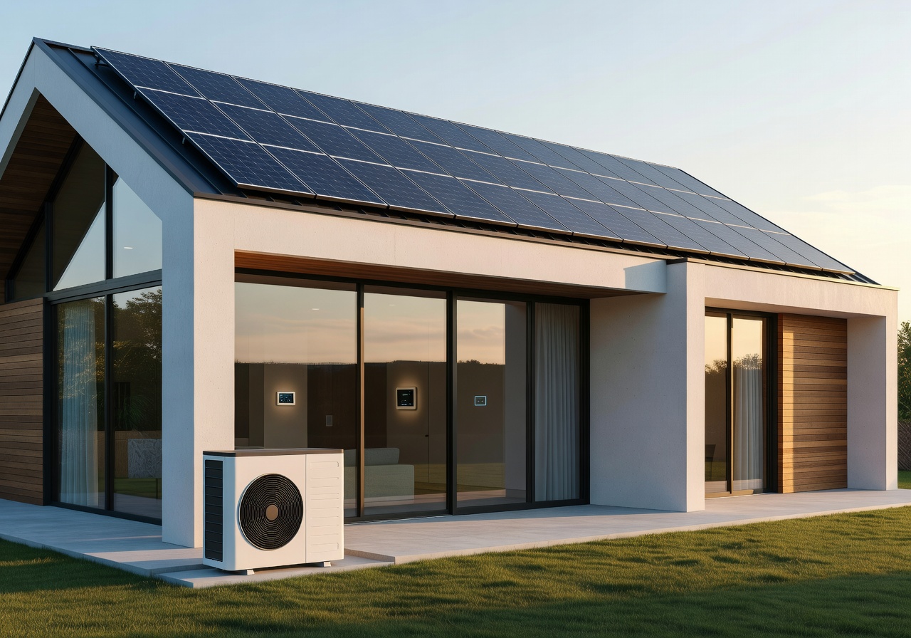 Modern smart home with heat pump and solar energy system